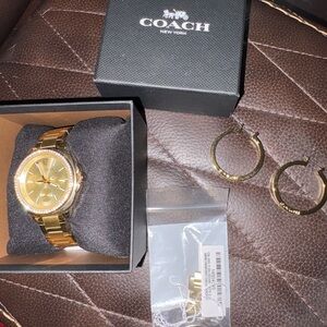 Coach Gold women’s Watch with Gold Hoop Earrings